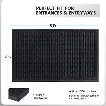 Heavy Duty Rubber Scraper Door Mat – Commercial Grade Indoor Outdoor Entry Mat, Non-Slip Low Profile Dirt Trapping Floor Mat for Front Door, Office, Garage & Store Entrance, Black (3' x 5')