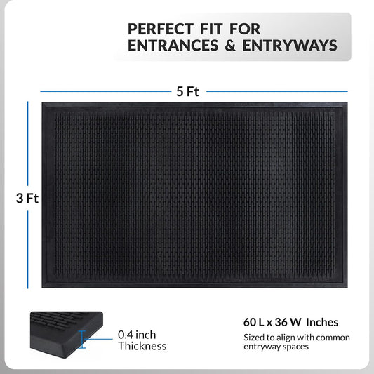 Heavy Duty Rubber Scraper Door Mat – Commercial Grade Indoor Outdoor Entry Mat, Non-Slip Low Profile Dirt Trapping Floor Mat for Front Door, Office, Garage & Store Entrance, Black (3' x 5')