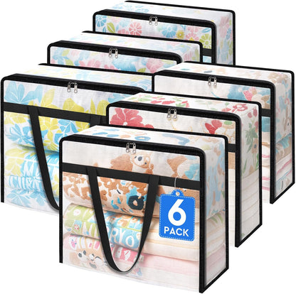 TasticTotes 6 Pack Clear Storage Bags for Comforter, Clothes & Bedding, Plastic Blanket Storage with Zipper and Handle, Moving Bags, Closet Organizer and Under-Bed Storage (40L)