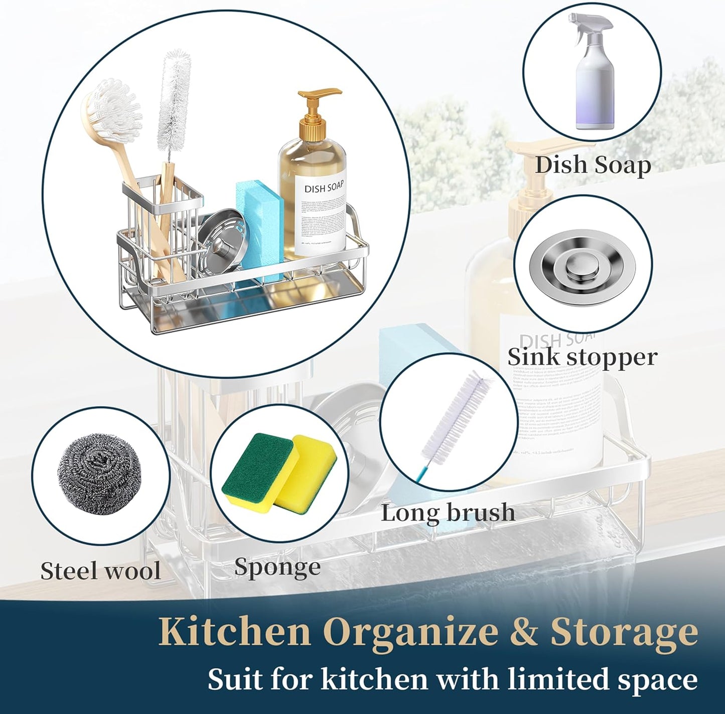 Consumest Sponge Holder for Kitchen Sink - Sink Caddy with Stainless Steel Self Drain Tray, Sink Organizer with High Brush Holder Countertop for Kitchen Sink Accessories, Black