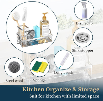 Consumest Sponge Holder for Kitchen Sink - Sink Caddy with Stainless Steel Self Drain Tray, Sink Organizer with High Brush Holder Countertop for Kitchen Sink Accessories, Black