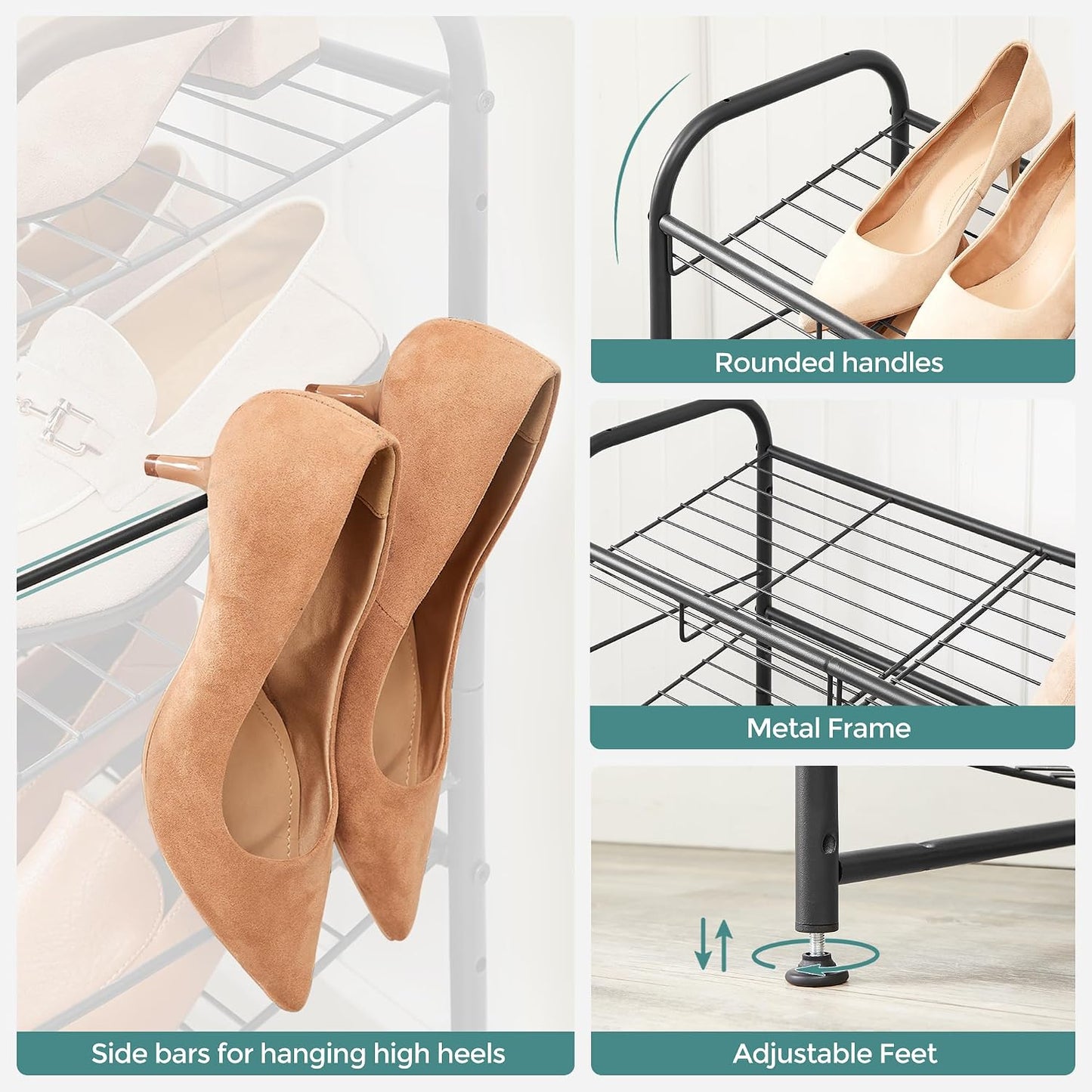 SONGMICS Stackable Shoe Rack, 4 Tier Metal Shoes Rack Storage Shelf, Holds up to 16 Pairs Shoes, Adjustable Slanted Shelves Shoe Tower Organizer for Closet Entryway Small Spaces, Black