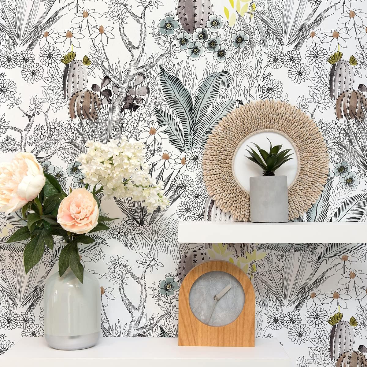 Wudnaye Boho Peel and Stick Wallpaper Catus Wallpaper 17.7" x 118.1"Vintage Floral Wallpapers Peel and Stick Botanical Removable Wall Paper Boho Self Adhesive Contact Paper for Bathroom Cabinets