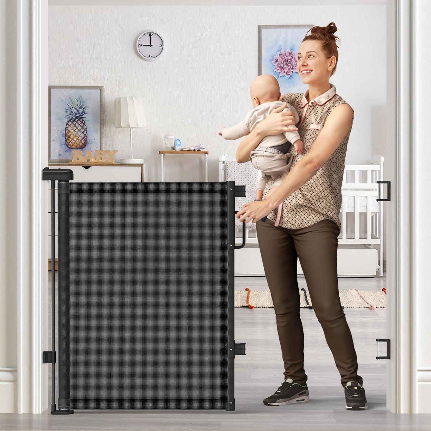 Retractable Baby Gate for Stairs & Doorways, Mesh Dog Gate Indoor Outdoor, Extends to 55" Wide 34" Tall Child Gate for Hallways, Deck, Porch, Pet Toddler Safety Essentials, Easy Install, Grey