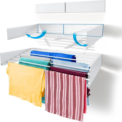 Step Up Laundry Drying Rack (28-INCH White), Wall Mounted, Retractable Clothes Drying Rack, 40lbs Capacity, 11.6 Linear Ft, with Wall Template and Long Screwdriver Bit