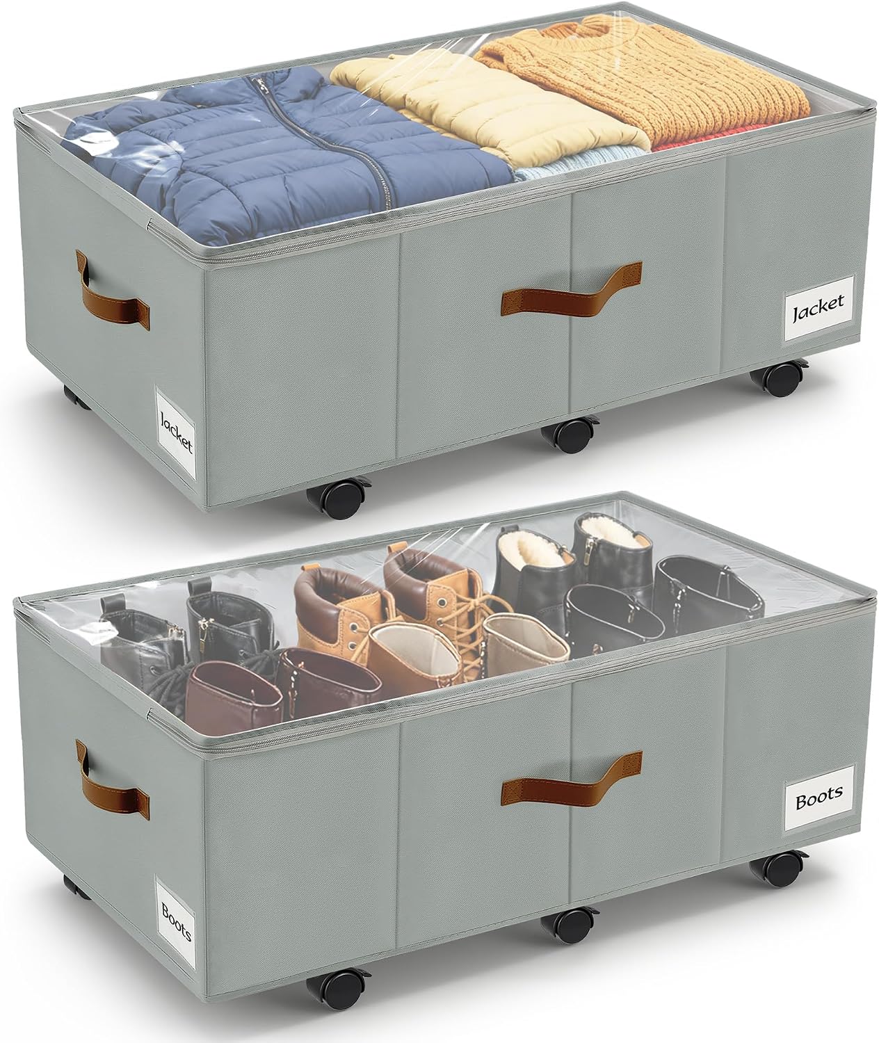 Under Bed Storage with Wheels,Underbed Storage with Sturdy Sidewalls/Bottom, Clear Cover, Label and PU Handle, Rolling Under Bed Drawers for Clothes, Shoes, 6.5 Inch Height,Black, 2 Pack