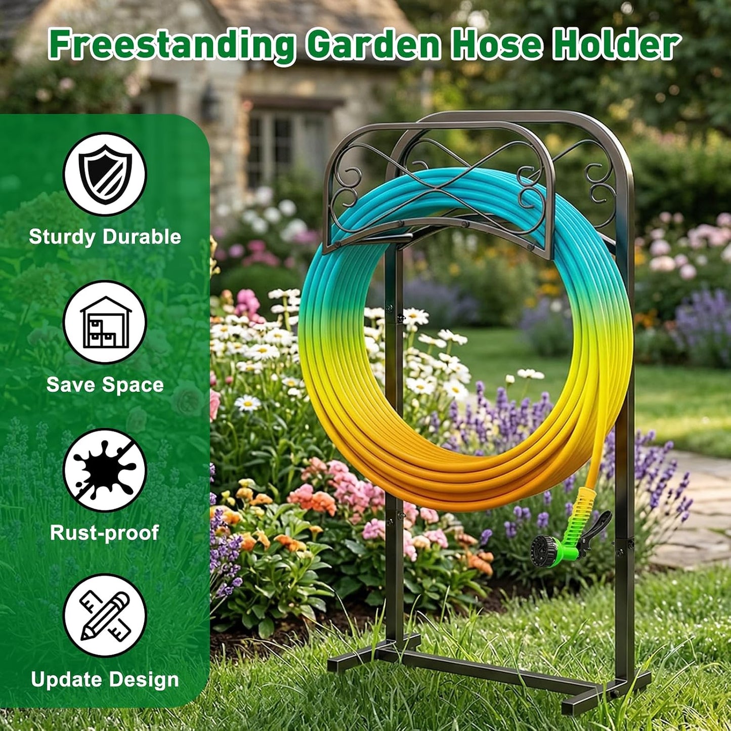Gtongoko Garden Hose Holder for Outside 43" Heavy Duty Freestanding Water Hose Holder with 4 Stable Spikes Metal Hose Stand Holds Up to 150FT Hose & 44LB Detachable Hose Storage for Yard Lawn Patio