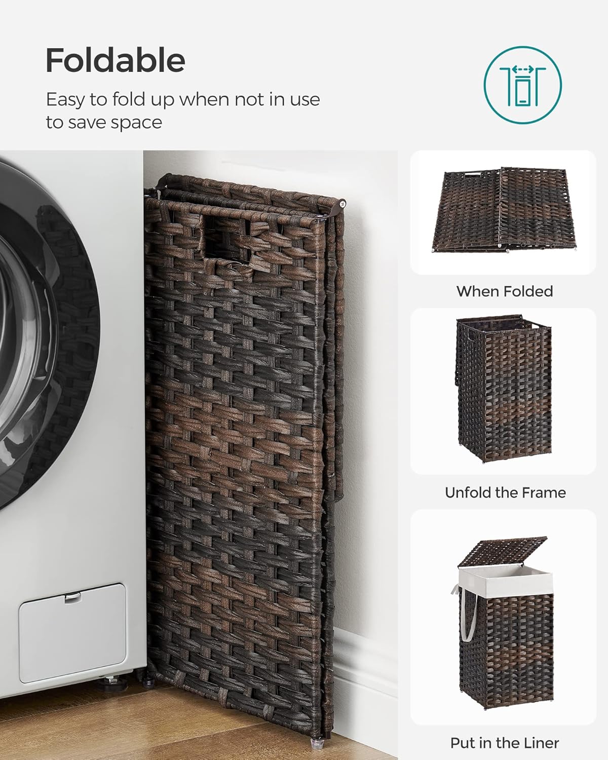 SONGMICS Laundry Hamper with Lid, 23.8 Gallon (90 L) Synthetic Rattan Clothes Laundry Basket with Lid and Handles, Foldable, Removable Liner, Chestnut Brown ULCB051K02