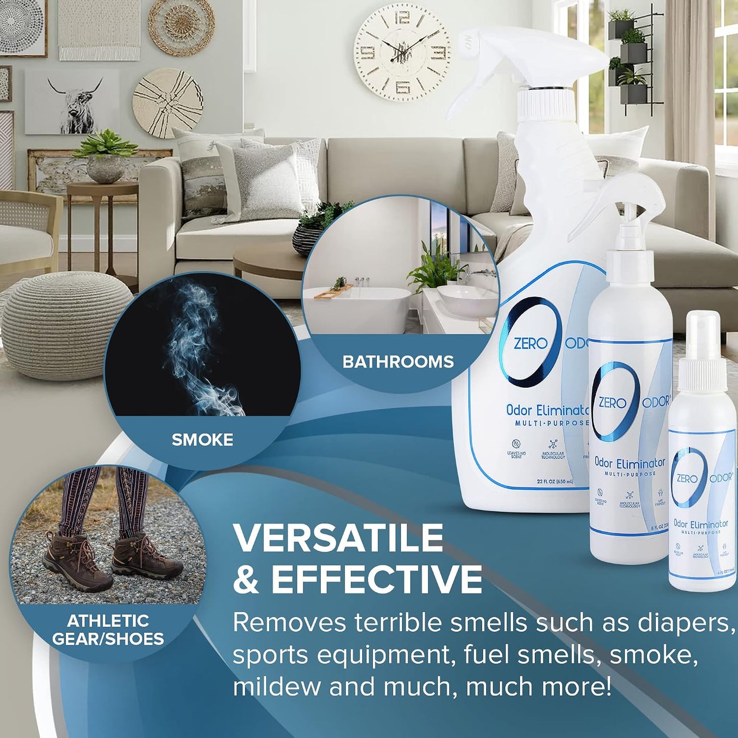 Zero Odor – Multi-Purpose Odor Eliminator - Air & Surface Odor – Patented Technology for Bathroom, Kitchen, Fabric, Closet- Smell Great Again, 16oz