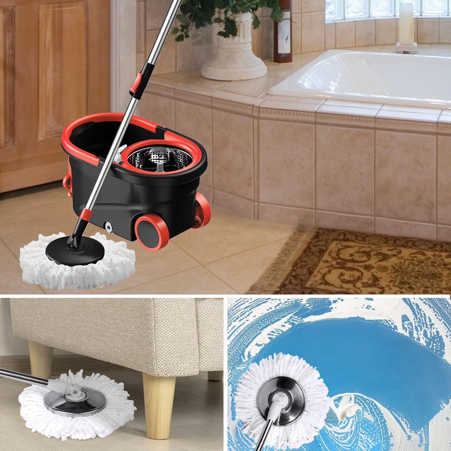 Spin Mop and Bucket with Wringer Set, 360° Rotating Head Mop Bucket System with 3 Microfiber Mop Refills Wet and Dry Suitable for Office and Home Use, Green (Black-Plus)