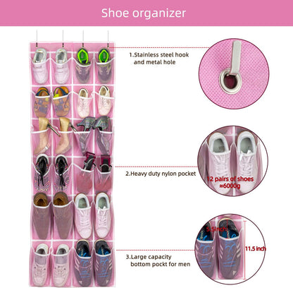 SAVERHO Over the Door Shoe Organizer, Hanging Shoe Organizer with 24 Mesh Large Pockets Door Shoe Rack Organizer for Men Women Kids Hanging Shoe Storage Bag.(White