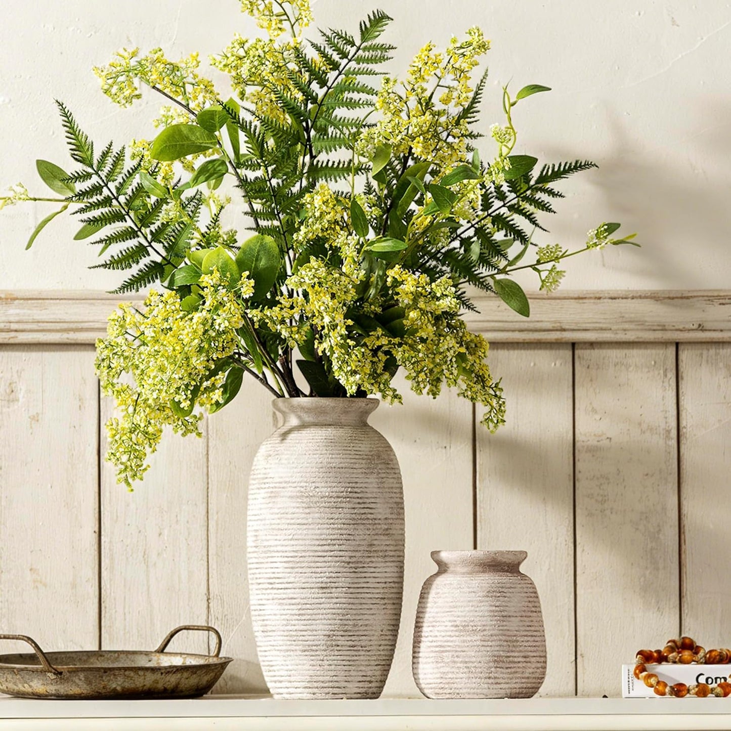 Ceramic Flower Vase, Small Rustic Farmhouse Vases Home Decor, Short Pottery Decorative Pampas Vase for Table Living Room Entryway Mantel Bookshelf Bedroom Bathroom Kitchen - 6" W