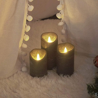 Battery Operated Flameless Candles with Remote Timer Real Wax Realistic Bright Flicker Flickering Electric Electronic LED Pillar Lights Home Wedding Party Decorations Set of 3 Rustic Texture Gray Grey
