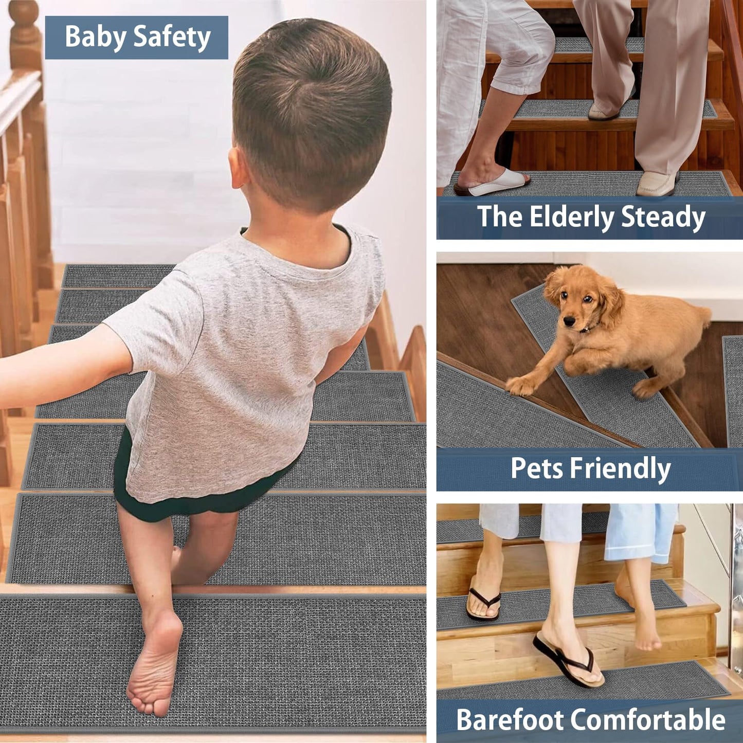Peel and Stick Carpet Stair Treads for Wooden Steps Set of 15, Non Slip Adhesive Jute Stair Mats Indoor, Rubber Backing Safety Step Pads Mats, Grey, 8"x30"