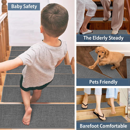 Peel and Stick Carpet Stair Treads for Wooden Steps Set of 15, Non Slip Adhesive Jute Stair Mats Indoor, Rubber Backing Safety Step Pads Mats, Grey, 8"x30"