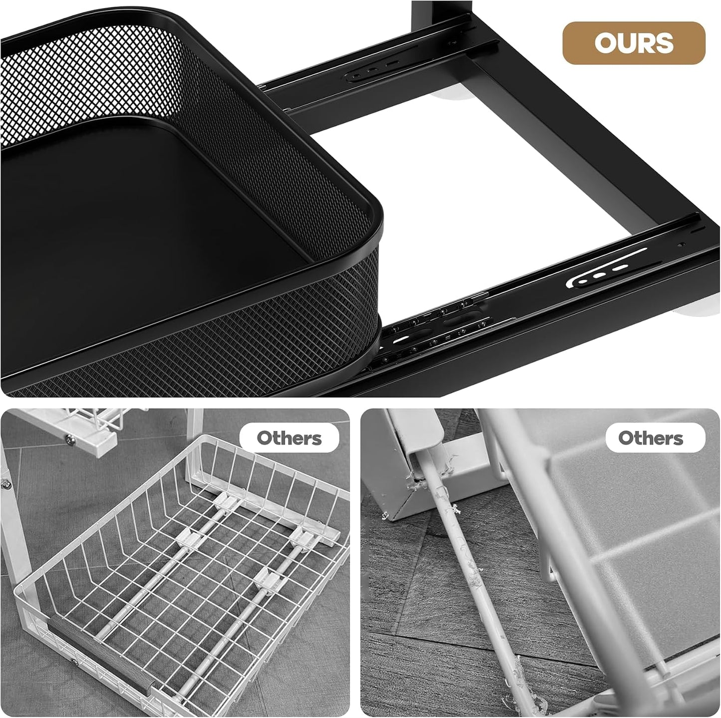 2-Pack Under Sink Storage Organizer with 2-Tier Slide Out Drawer, Sophisticated Mesh Pull Out Shelf for Kitchen & Bathroom, Fits Small Items, Upgraded Arched Track for Smooth Gliding(Patented)