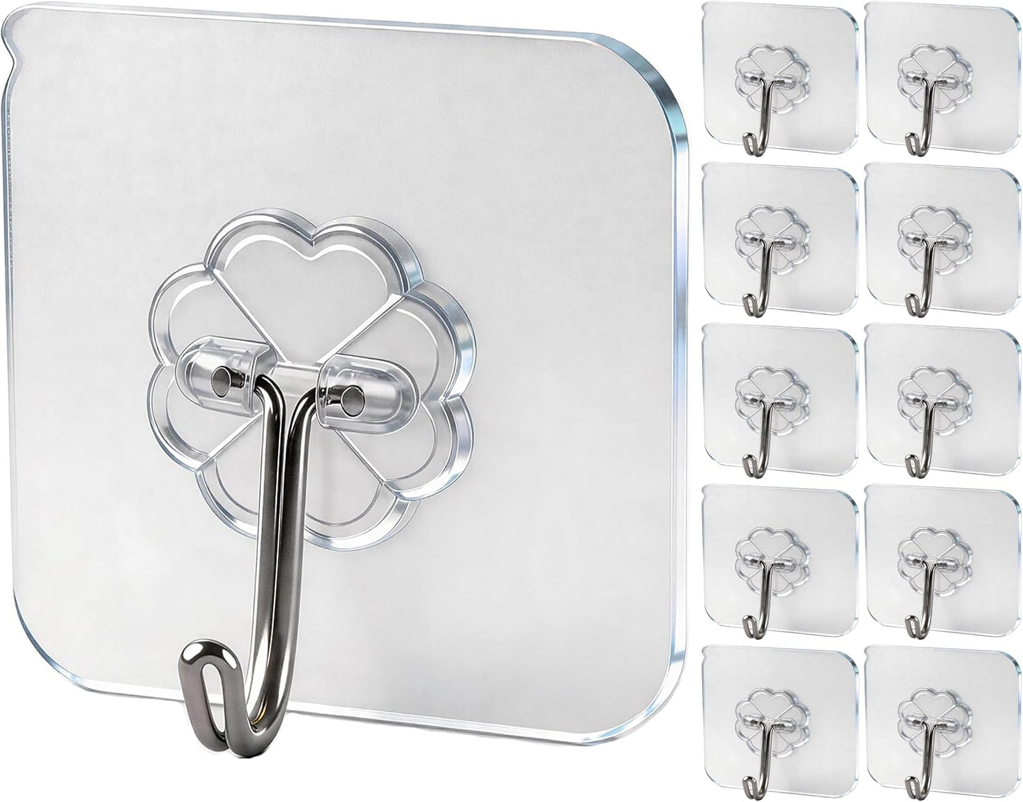 Wall Hooks - 33 lbs Max, Transparent, Seamless, Waterproof & Oilproof, Heavy Duty Adhesive Coat & Towel Hooks (10 Pack)