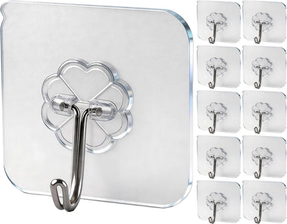 Wall Hooks - 33 lbs Max, Transparent, Seamless, Waterproof & Oilproof, Heavy Duty Adhesive Coat & Towel Hooks (10 Pack)