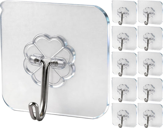 Wall Hooks - 33 lbs Max, Transparent, Seamless, Waterproof & Oilproof, Heavy Duty Adhesive Coat & Towel Hooks (10 Pack)