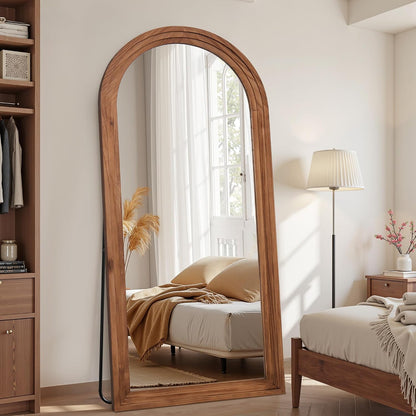 Antok Full Length Mirror with Solid Wood Frame, 71"×32" Wall Mounted Oversized Floor Mirror with Stand, Leaning Standing Hanging for Bedroom Living Room Entryway, Walnut, Arched Syle