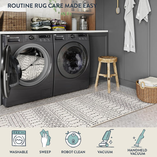 Lahome Moroccan Entry Rug 2x3, Non-Slip Washable Front Indoor Door Mat Rubber Backing Low-Profile Door Rugs, Small Geometric Print Distressed for Entryway Bathroom Kitchen, Black Hana