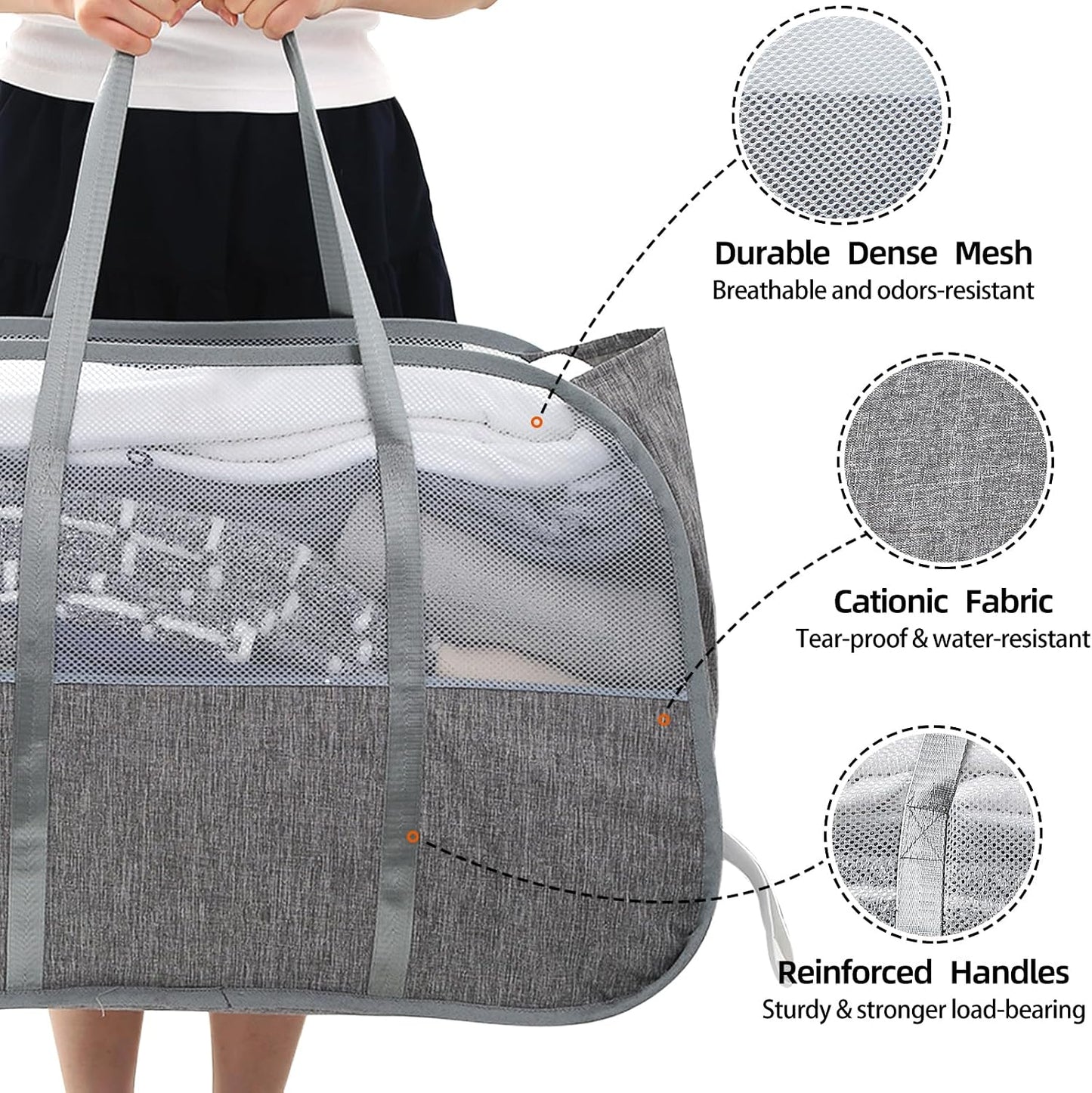 Collapsible Laundry Baskets with 3 Compartment, 150L Tear-proof Pop Up Hamper, Foldable Laundry Basket with Tote Handles, Dirty Clothes Hamper for Laundry, Bedroom, Bathroom, Dorm Grey