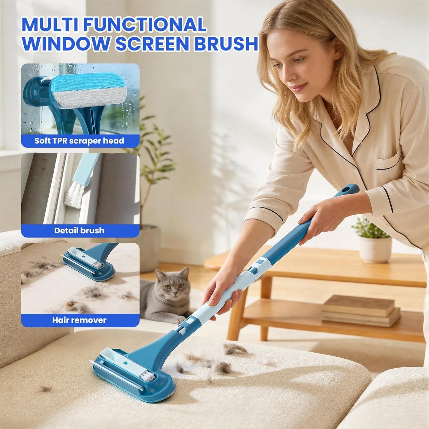 3-in-1 Screen Cleaning Brush with Squeegee - Window Mesh Cleaner & Pet Hair Remover for Couch, Multi-Use Crevice Tool for Patio and Porch Screens (Cyan Blue)
