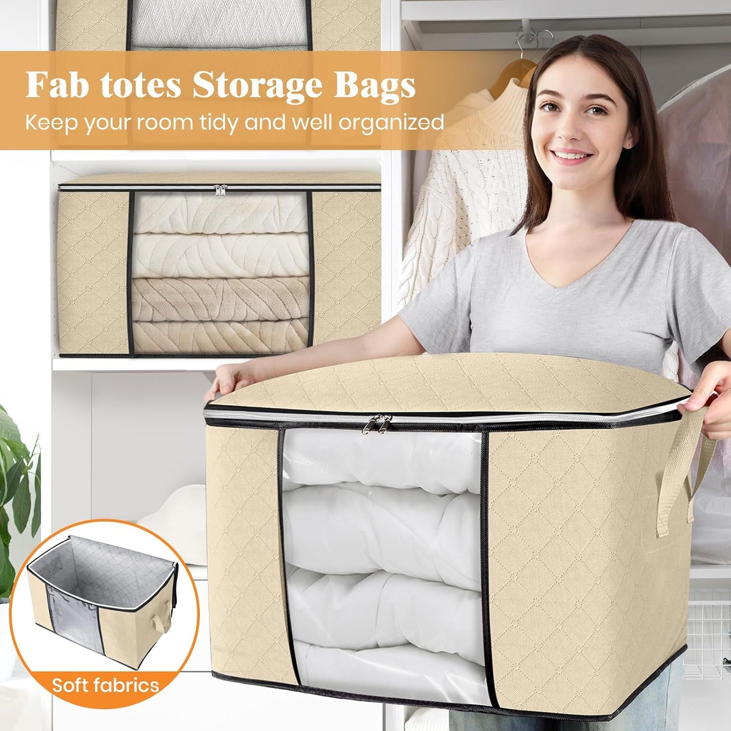 Fab totes 6 Pack Storage Bags for Clothes and Blanket, Foldable Closet Organizers and Storage with Zippers, Clear Window and Handles, Fabric Storage Bins for Sweater, Comforter, Bedding,Linen Sheets
