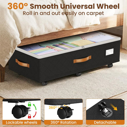 Budding Joy 80L 2 Pack Adjustable Under Bed Storage with Wheels | Underbed containers with clear lids, rolling under bed shoe storage organizer for dorm home clothes, blankets, toys, black