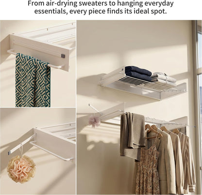 Wall Mounted Drying Rack, 31.5" Foldable Laundry Drying Rack, 60lbs Capacity, Retractable Clothes Drying Rack with Hooks, Space Saving Drying Rack for Laundry Room, Apartment
