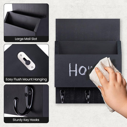 Key and Mail Holder for Wall Mount, Entryway Mail Holder with 2 Slot, Key Holder with 3 Sturdy Hooks for Coat, Dog Leash, Decorative Key Rack (8.86”W x 11.42”H x 3”D) (Black)