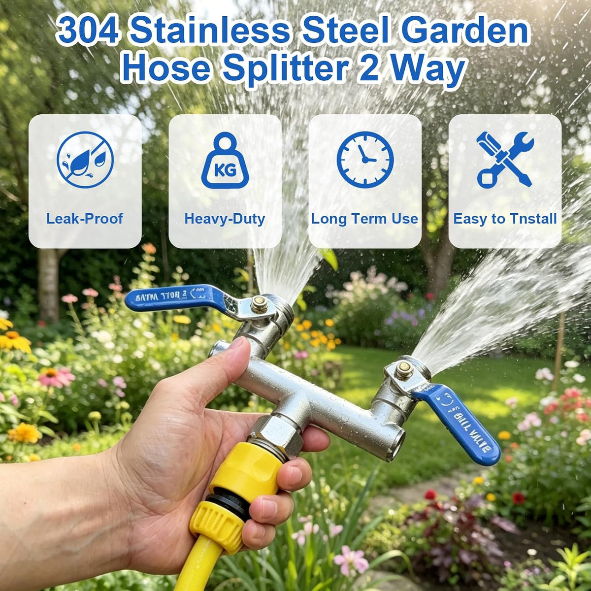 2 Way Garden Hose Splitter, 304 Stainless Steel T Valve, Full Flow with Long Handle, Lead-Free Rust & Freeze Resistant, 3/4" GHT Thread Outdoor Hose Adapter