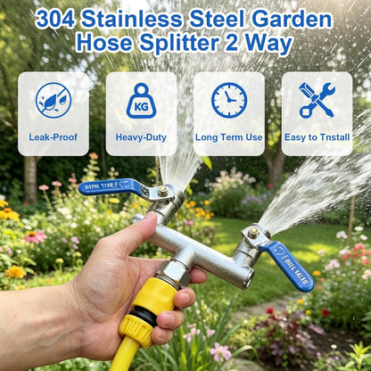 2 Way Garden Hose Splitter, 304 Stainless Steel T Valve, Full Flow with Long Handle, Lead-Free Rust & Freeze Resistant, 3/4" GHT Thread Outdoor Hose Adapter