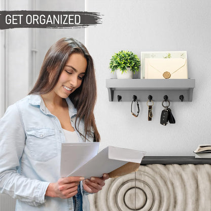 Rebee Vision Farmhouse Key Holder for Wall - Decorative Wooden Mail Organizer with 5 Rustic Key Hooks and Floating Shelf for Home Decor, Hallway, Entryway, Appartment (Retro Brown)