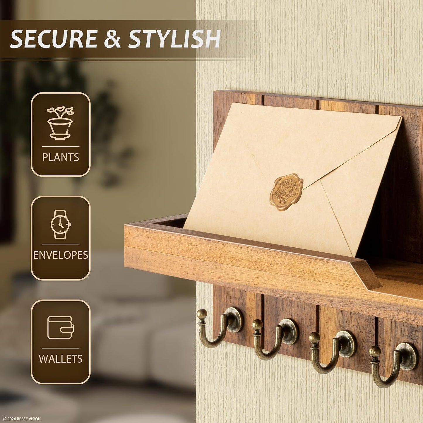 Rebee Vision Decorative Key Holder Wall Mount - Rustic Key Holder for Wall with Shelf and Mail Organizer for Living Room Decor - Home Essentials for Home Improvement (Brown, 3.54" x 10" x 7.28")