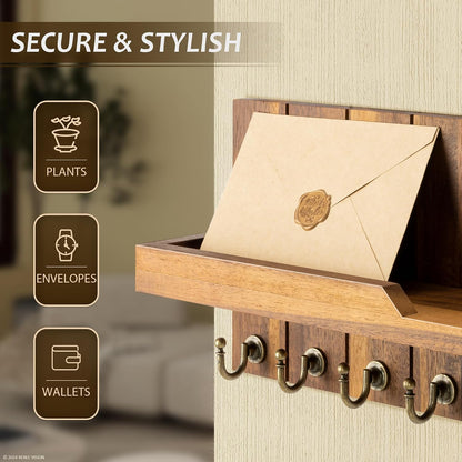 Rebee Vision Decorative Key Holder Wall Mount - Rustic Key Holder for Wall with Shelf and Mail Organizer for Living Room Decor - Home Essentials for Home Improvement (Brown, 3.54" x 10" x 7.28")