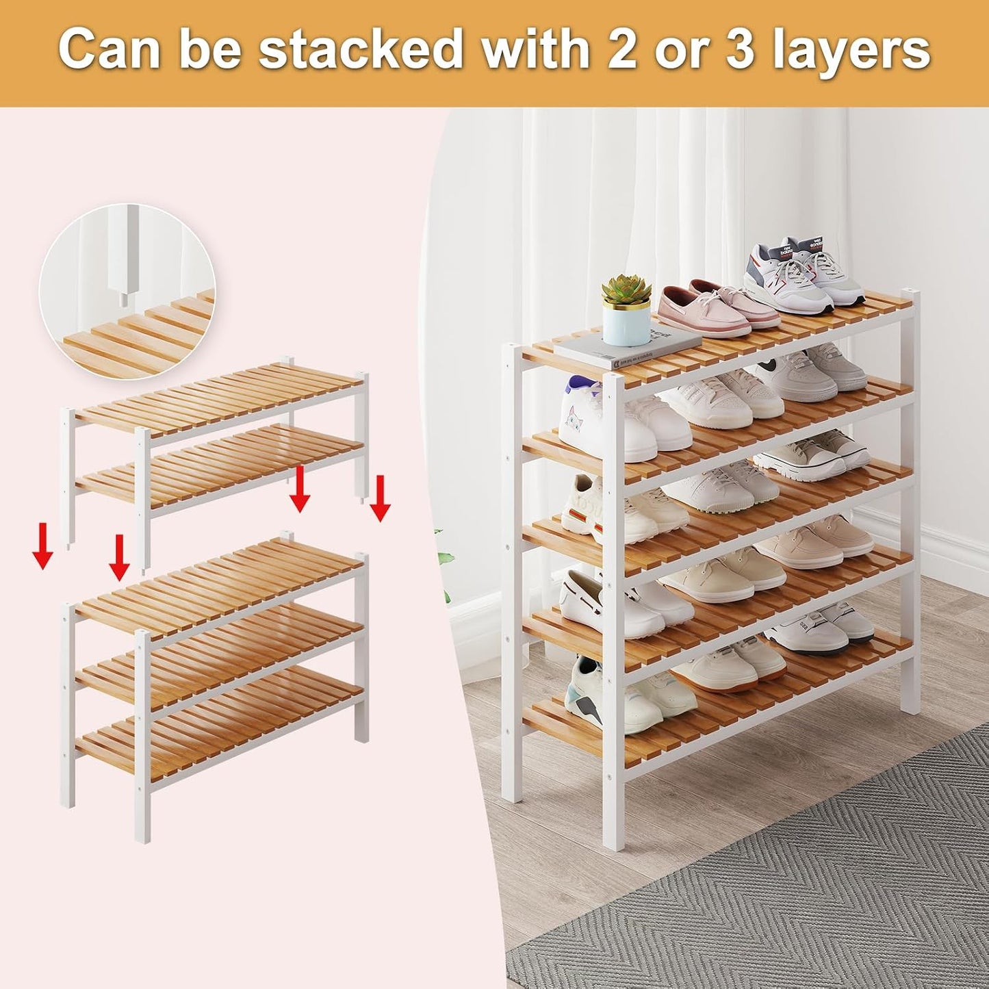 Bamboo Shoe Rack Organizer for Closet and Entryway - Space-Saving Narrow Shoe Stand - Versatile Shoe Holder for Door or Closet Shelf, Garage Bedroom can Freely Stack DIY Small Shoe Racks 3 Tier
