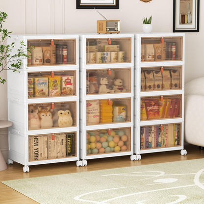 YFXCVSL 4 Tier Plastic Storage Bins with Lid 23QT, Stackable Storage Containers with Wheels, Folding Storage Boxes, Stackable Storage Bins, Organizers and Storage for Living Room,Office,Dorm