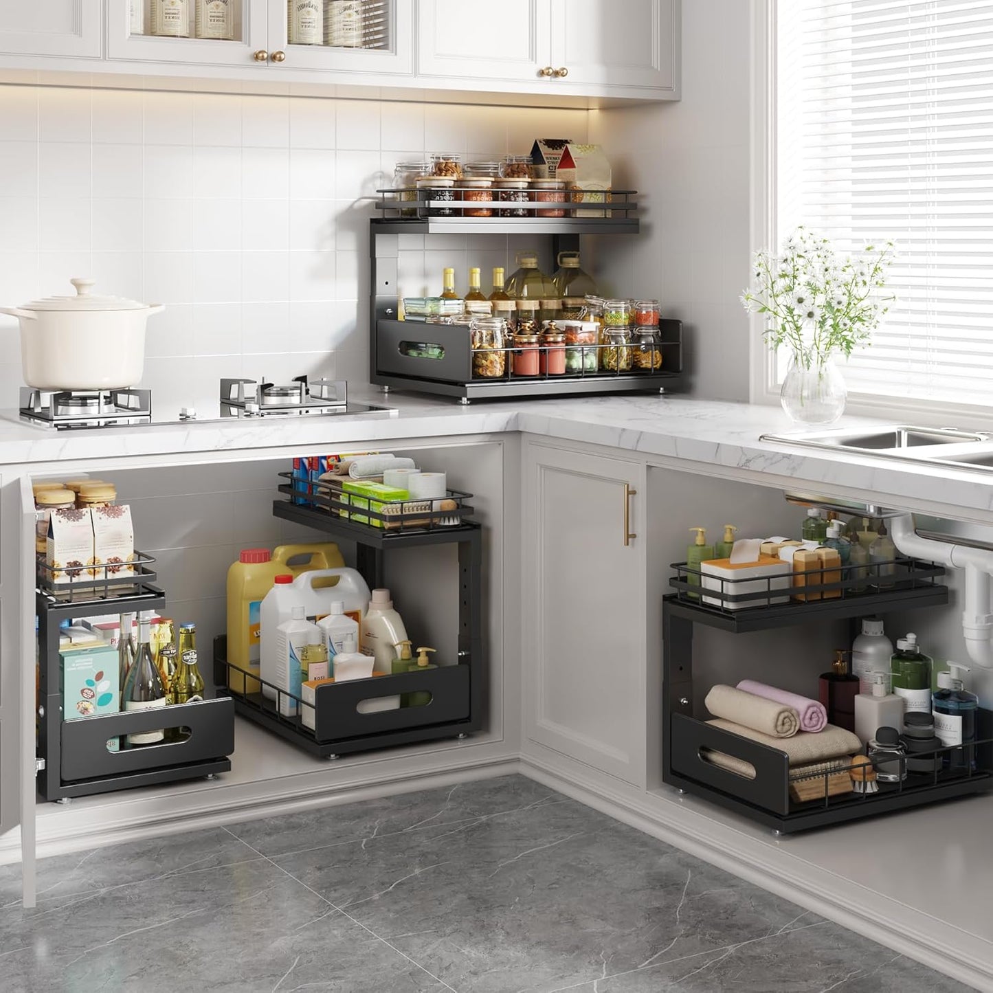 Under Sink Organizer Upgrade To Professional Rails,2-Tier Dual Pull Out Cabinet Storage,Height Adjustable Slide Out Drawers For Bathroom Kitchen,2 Pack-14.5" Dx12.8-16.9" H,White