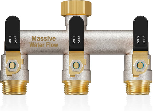 Garden Hose Splitter 3 Way Heavy Duty Brass Nickel Plated Hose Splitter with Large Handle, Full Flow Water Hose Spigot Splitter with Shutoff Valve, T Adapter Connector, 3/4 - Inch GHT Thread（Green）