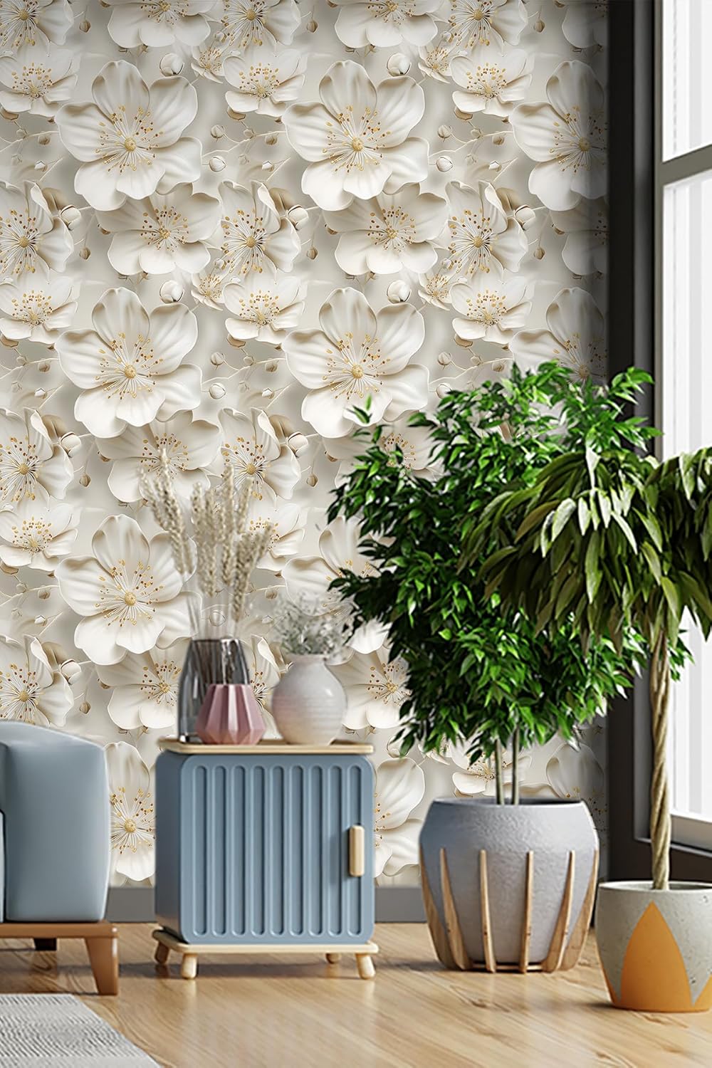 Floral Peel and Stick Wallpaper 3D Effect Interior Wall Décor Contact Paper Self Adhesive Removable Renter Friendly for Bedroom Living Cabinet Room 17.7in x 9.8ft (Not Textured Wallpaper