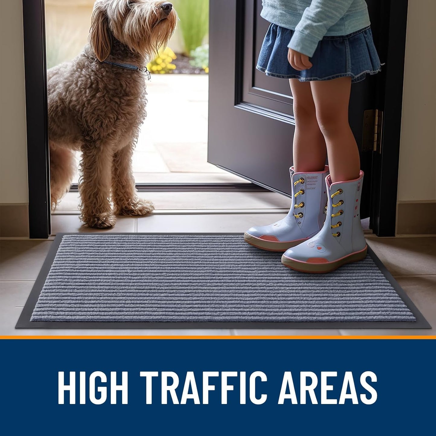 OLANLY Front Door Mat Indoor Outdoor Entrance, 2-Pack 29.5 x 17 Inch, Waterproof Heavy Duty Doormat, Fade Resistant, Low Profile, Easy Clean Patio Porch Welcome Floor Mats for Entry, Grey
