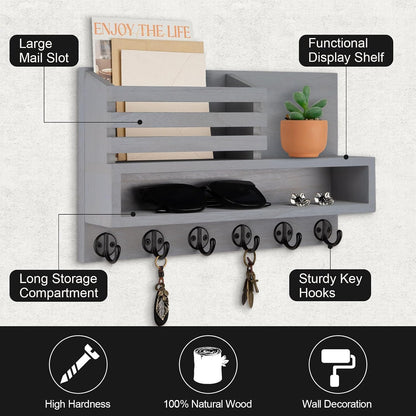 Key and Mail Holder Wall Mount, Key Hanger with Long Storage Box and 5 Hooks for Coat, Dog Leash, Home Decor Rack, House Accessories, Entry Way Organizer 11.8”W x 7.8”H x 3.2”D