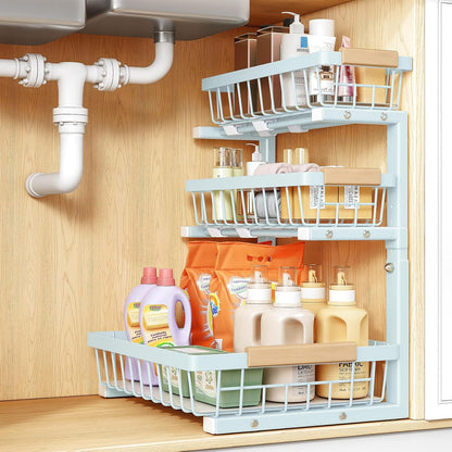 PXRACK Under Sink Organizer, 3-Tier 2-Pack Adjustable Height Pull Out Under Cabinet Organizer, Slide Out Thickened Metal Under Sink Storage for Kitchen Bathroom Laundry Pantry Organization, Black