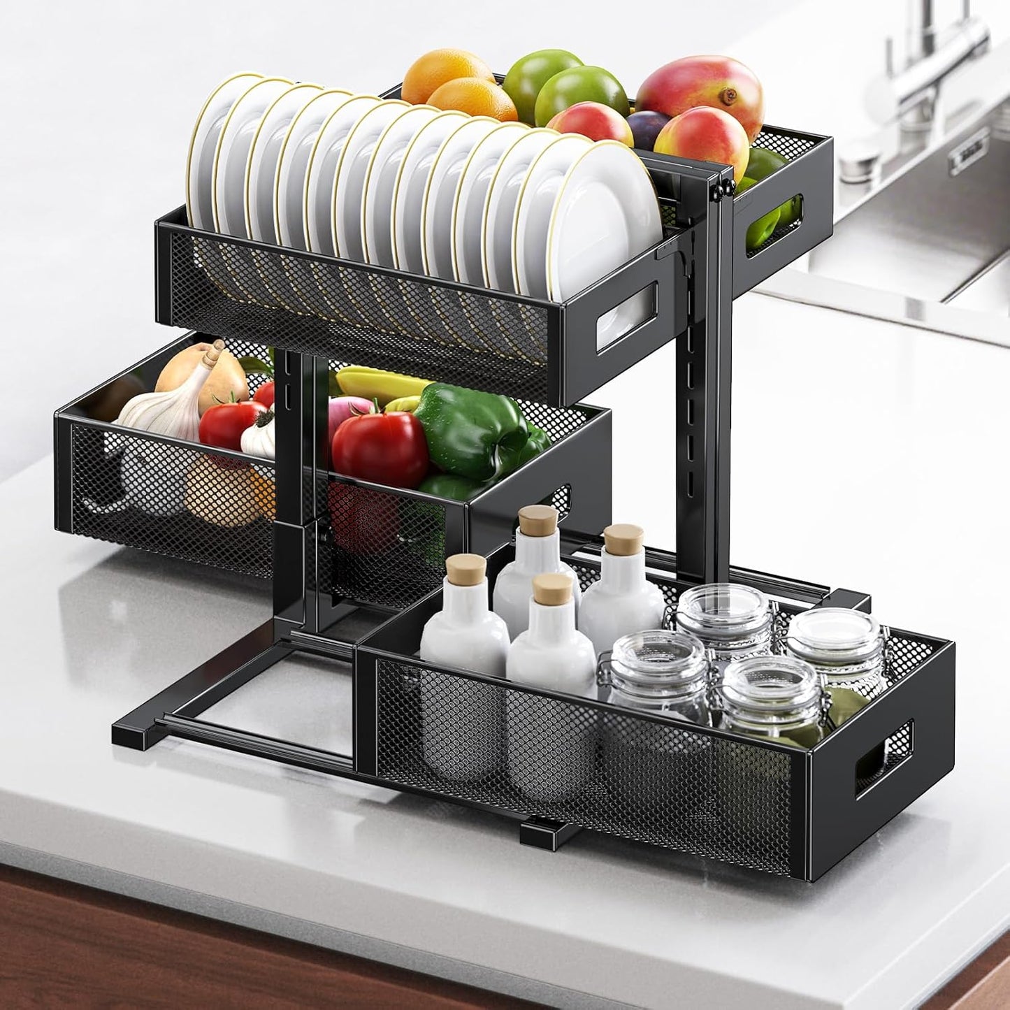 Petiza Under Sink Organizer Pull Out Cabinet Organizer Adjustable Height 2 Tier with Sliding Drawers Kitchen Bathroom Organizer and Storage(1pc)