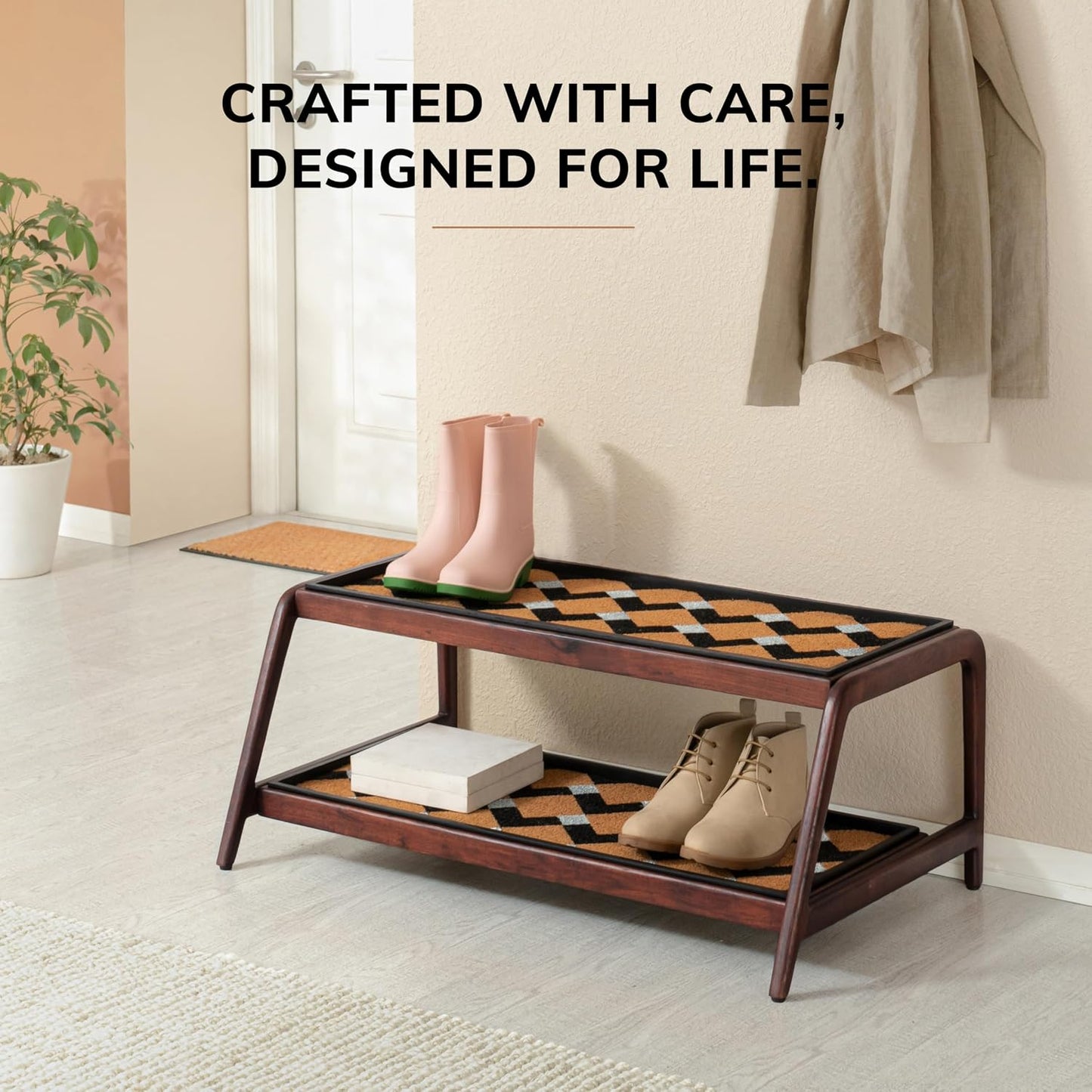 Anji Mountain Heavy Duty Waterproof Wooden Shoe Storage Mat Organizer/Boot Storage Tray Multi Use for Entryway with Coir, Gray and Ivory Insert, 1 Tier, Fits 2 Pair (26.5" Wide)