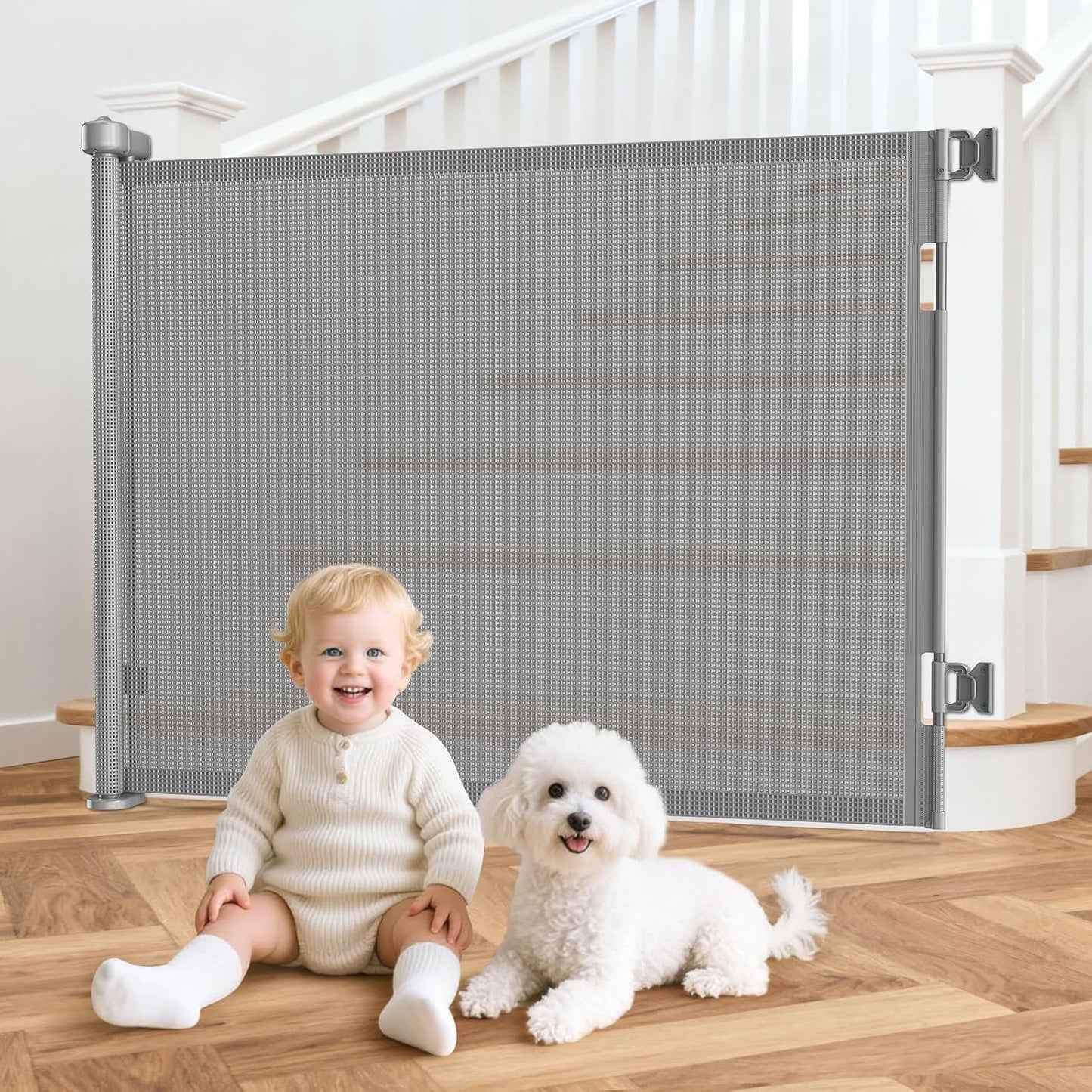 71 inch Retractable Baby Gates, EZIGO Extra Wide Baby Gate for Large Opening Extra Long Mesh Gate for Kids or Pet Dog Gate Child Safety Gate for Stairs Hallways Doorway Indoor Outdoor, Gray