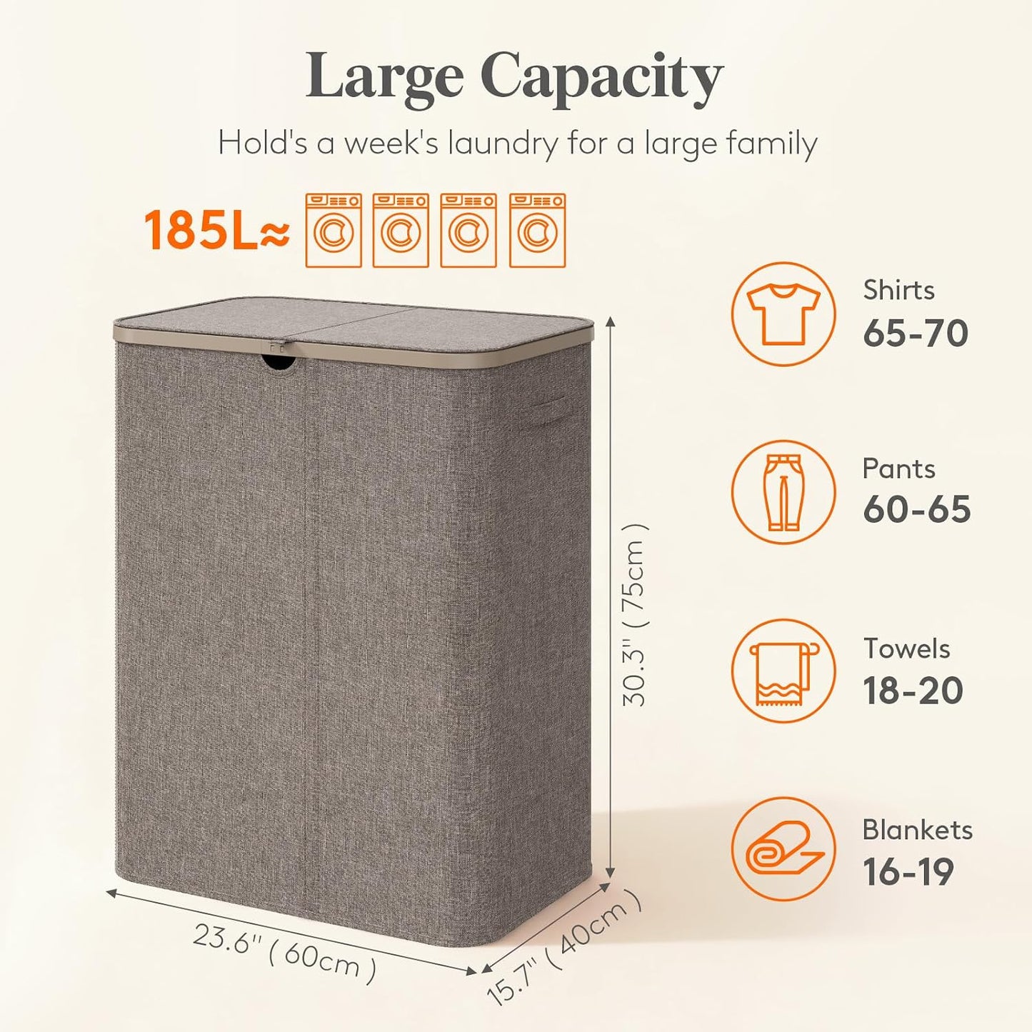 Lifewit 185L 3 Section Laundry Hamper with Lid, Large Laundry Basket with Handles and Removable Bags, Tall Clothes Hamper, Foldable Laundry Sorter for Bedroom Bathroom, Beige