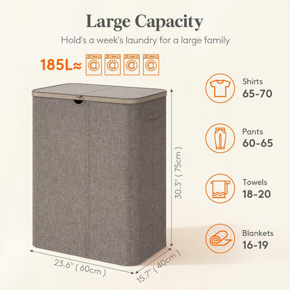 Lifewit 185L 3 Section Laundry Hamper with Lid, Large Laundry Basket with Handles and Removable Bags, Tall Clothes Hamper, Foldable Laundry Sorter for Bedroom Bathroom, Beige