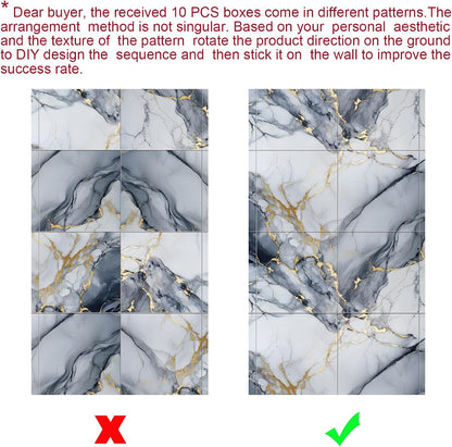Chejiaye 10pcs Marble Peel and Stick Backsplash Waterproof Washroom Wall Panels, Peel and Stick Tile, PVC Foam Wall Panels for Kitchen,Bathroom,Living Room,Blue and Gold(Not Real Tile,11.8" x 11.8")